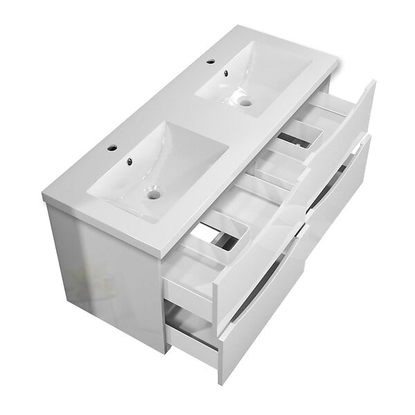 AICA SANITAIRE - Meuble de salle de bain suspendu 120 cm, 4 tiroirs, avec vasque,MDF blanc brillant - large