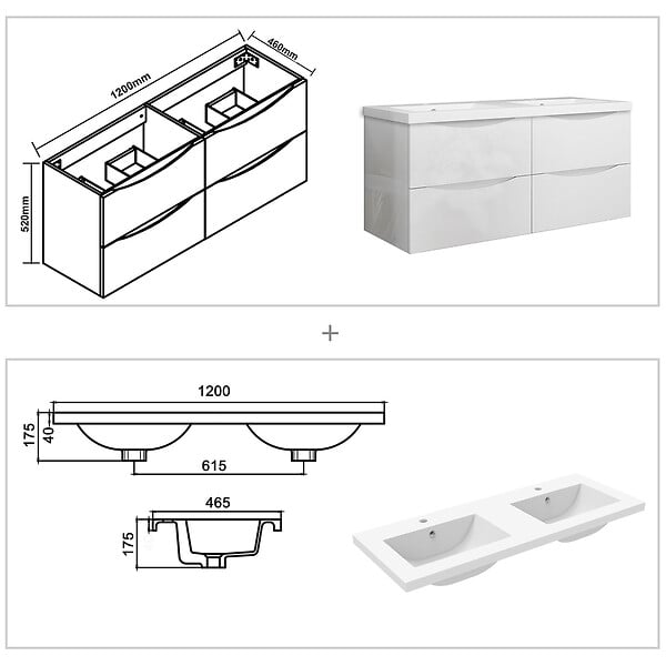 AICA SANITAIRE - Meuble de salle de bain suspendu 120 cm, 4 tiroirs, avec vasque,MDF blanc brillant - large