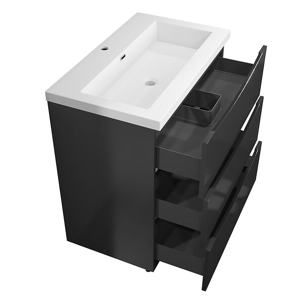 AICA SANITAIRE - Meuble de salle de bain 80 cm, 3 tiroirs, MDF brilliant anthracite, avec vasque + pieds - large