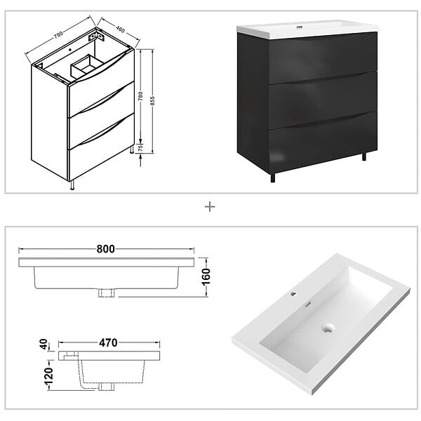 AICA SANITAIRE - Meuble de salle de bain 80 cm, 3 tiroirs, MDF brilliant anthracite, avec vasque + pieds - large