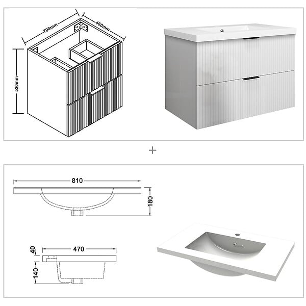 AICA SANITAIRE - Meuble de salle de bain suspendu 80 cm, 2 tiroirs, avec vasque,MDF blanc brillant - large