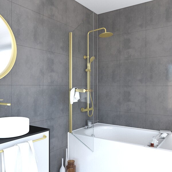 AURLANE - Pare baignoire Pivotant avec Porte-Serviette 85x150cm - Or Doré Brossé - Verre 6mm - TSHAPE GOLDY - large