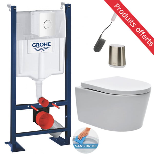 GROHE - Grohe Pack Bâti-autoportant Rapid SL + WC sans bride SAT + Abattant softclose + Plaque blanche + Brosse de toilette OFFERTE - large
