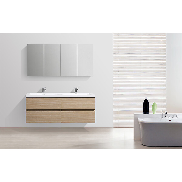 STANO - Armoire de toilette bloc-miroir SIENA largeur 144 cm chêne clair texturé - large