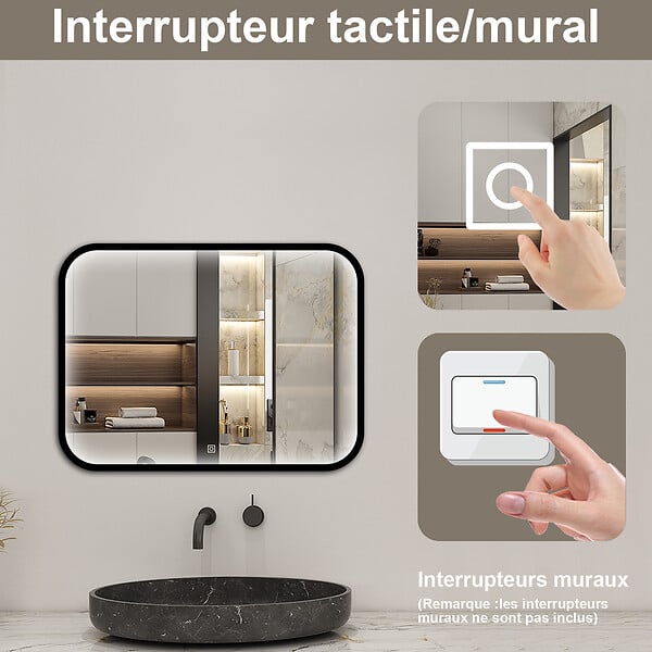 AICA SANITAIRE - Miroir LED pour Salle de Bain 70x50 cm - Anti-Buée, Lumière tricolore et Dimmable - large