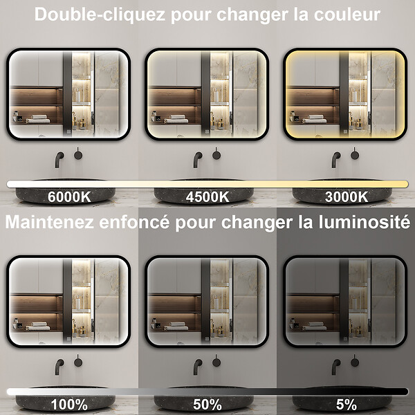 AICA SANITAIRE - Miroir LED pour Salle de Bain 100x60 cm - Anti-Buée, Lumière tricolore et Dimmable - large