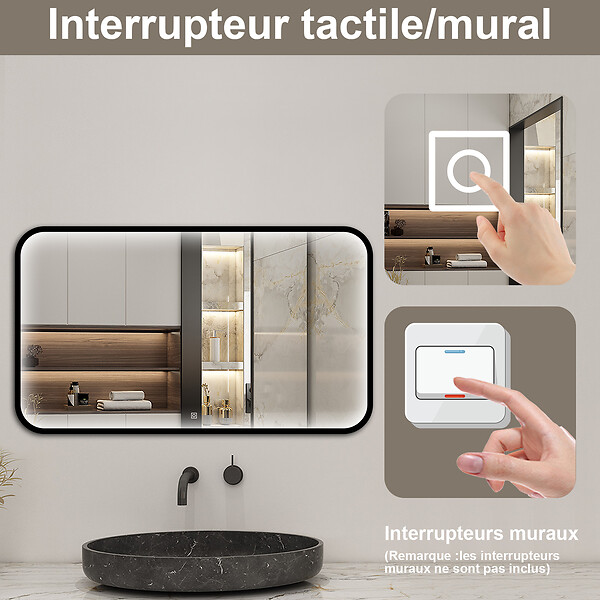AICA SANITAIRE - Miroir LED pour Salle de Bain 100x60 cm - Anti-Buée, Lumière tricolore et Dimmable - large
