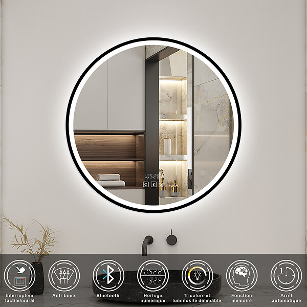 AICA SANITAIRE - Miroir Salle de Bain rond LED 70x70 cm - Anti-Buée, Bluetooth, Horloge, Installation Murale Facile - large