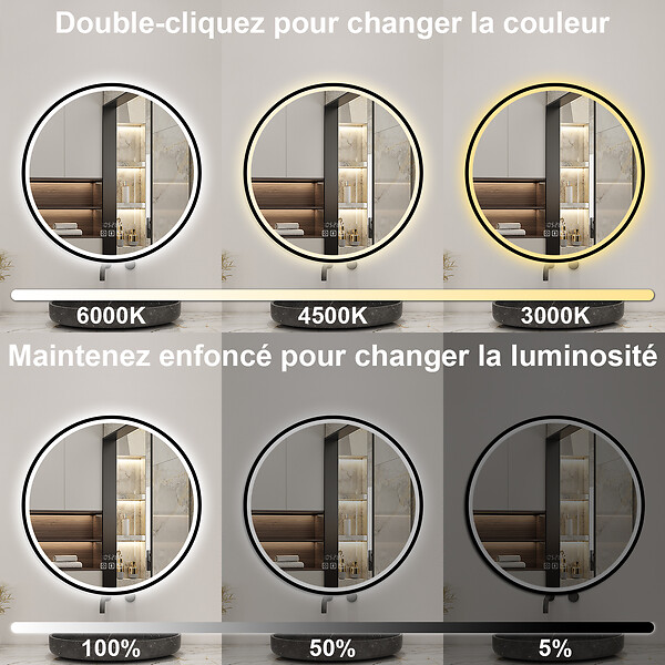 AICA SANITAIRE - Miroir Salle de Bain rond LED 70x70 cm - Anti-Buée, Bluetooth, Horloge, Installation Murale Facile - large