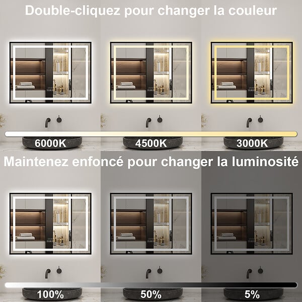 AICA SANITAIRE - Miroir de Salle de Bain LED Intelligent 100x80 cm - Anti-Buée, Bluetooth, Horloge, Variateur de Lumière 3C - large