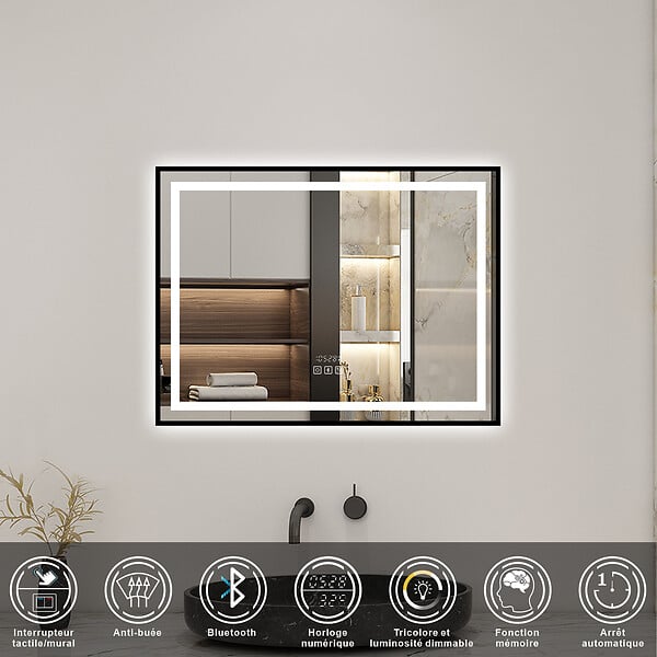 AICA SANITAIRE - Miroir de Salle de Bain LED Intelligent 80x60 cm - Anti-Buée, Bluetooth, Horloge, Variateur de Lumière 3C - large