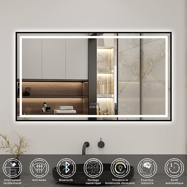 AICA SANITAIRE - Miroir de Salle de Bain LED Intelligent 120x80 cm - Anti-Buée, Bluetooth, Horloge, Variateur de Lumière 3C - large
