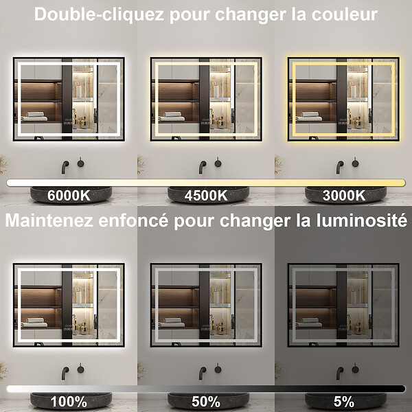 AICA SANITAIRE - Miroir de Salle de Bain LED Intelligent 120x80 cm - Anti-Buée, Bluetooth, Horloge, Variateur de Lumière 3C - large