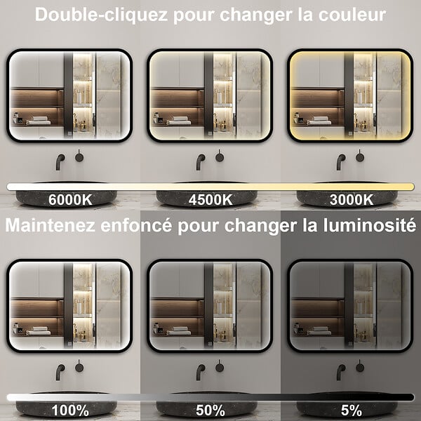 AICA SANITAIRE - Miroir LED pour Salle de Bain 90x70 cm - Anti-Buée, Lumière tricolore et Dimmable - large