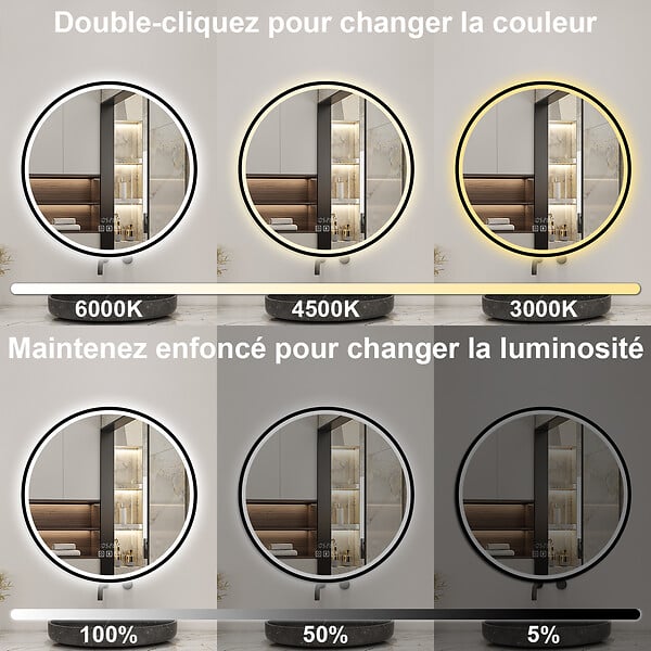 AICA SANITAIRE - Miroir Salle de Bain rond LED 100x100 cm - Anti-Buée, Bluetooth, Horloge, Installation Murale Facile - large