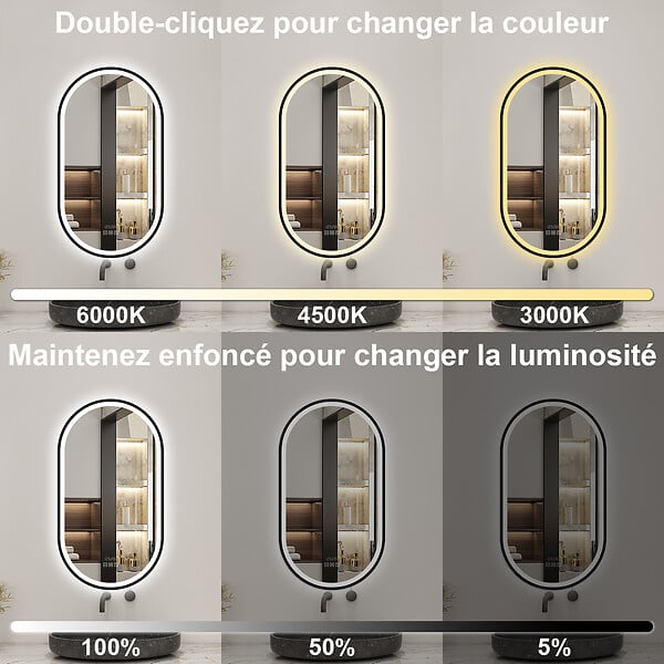 AICA SANITAIRE - Miroir Lumineux Ovale 50x90 cm - Miroir Salle de Bain Intelligent avec Anti-Buée, Horloge et Dimmable - large