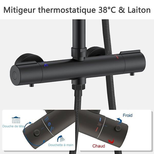 AICA SANITAIRE - Colonne de douche thermostatique noir-Chrome-Laiton&Inox - large