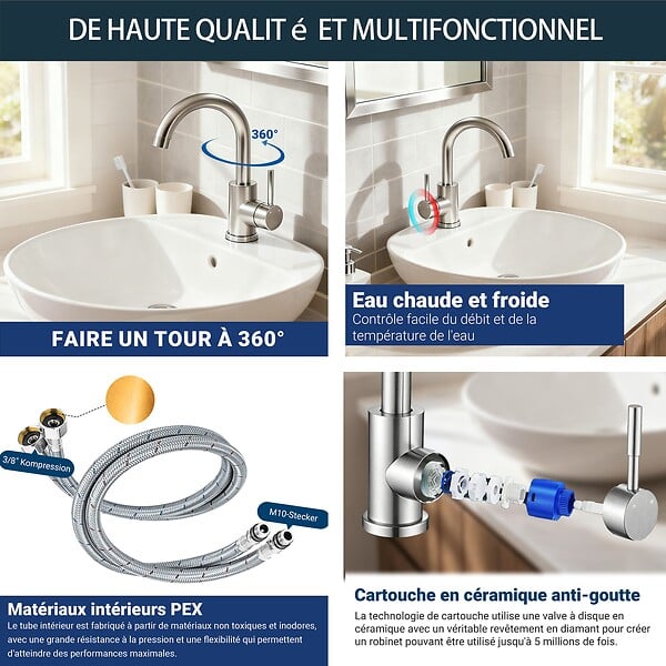 AICA SANITAIRE - Robinet de Salle de Bain Haut en Acier Inoxydable 304 Robinet Lavabo 158mm de Hauteur, Mitigeur Monocommande Finition Brossée - large