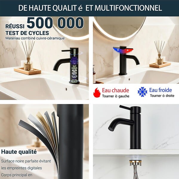 AICA SANITAIRE - Robinet de Salle de Bain Bas en Acier Inoxydable 304 Robinet Lavabo, Mitigeur Monocommande Finition Noire Mate - large