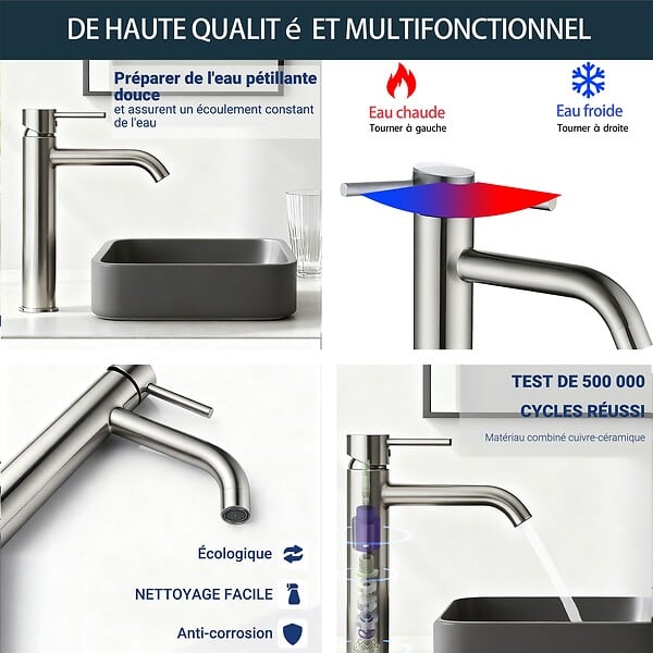AICA SANITAIRE - Robinet de Salle de Bain Haut en Acier Inoxydable 304 Robinet Lavabo 195mm de Hauteur Mitigeur Monocommande Finition Brossée - large