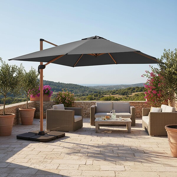 OVIALA - Parasol déporté 3x3m et 4 dalles à remplir effet bois gris - Brescia - large
