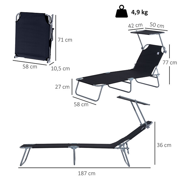 OUTSUNNY - Transat bain de soleil pliable grand confort dossier et pare-soleil réglable multi-positions noir - large