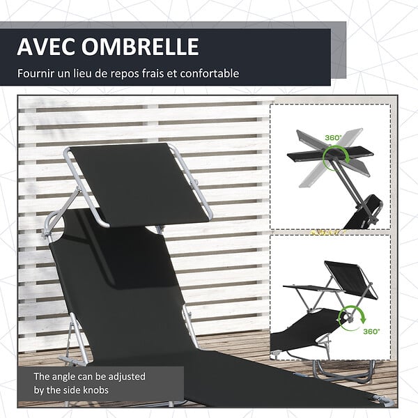 OUTSUNNY - Transat bain de soleil pliable grand confort dossier et pare-soleil réglable multi-positions noir - large