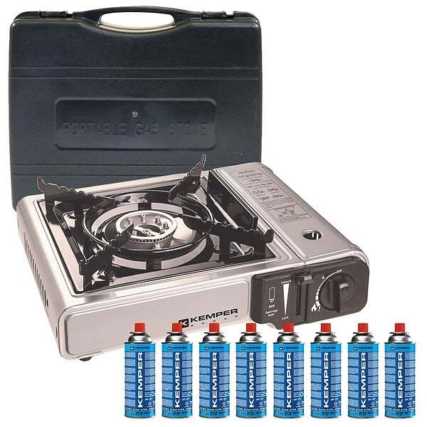 KEMPER - Réchaud à gaz 2200W + 8 cartouches de gaz Détendeur de pression Double système de sécurité. Puissance réglable KEMPER - large