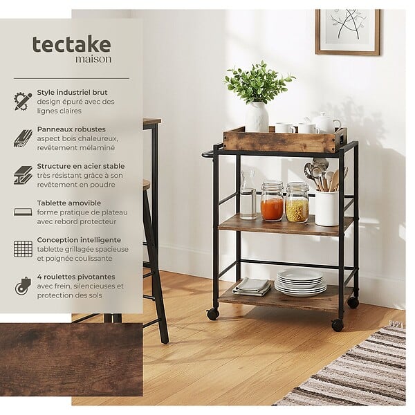 TECTAKE - Chariot de service Worcester 65x41,5x87cm Bois foncé industriel, rustique - large