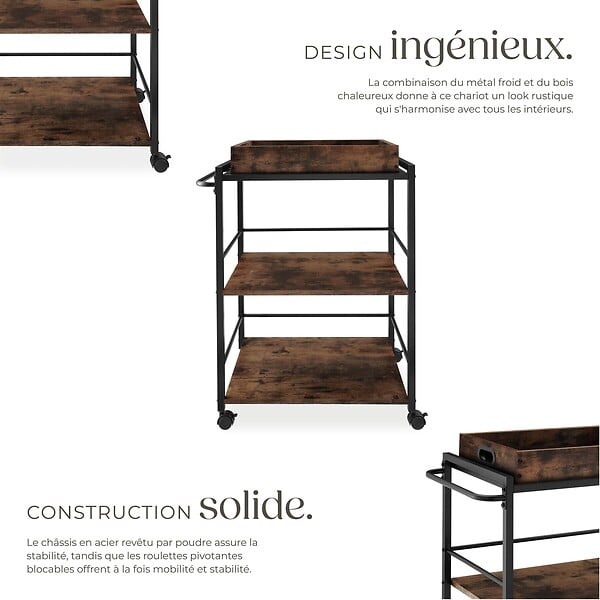 TECTAKE - Chariot de service Worcester 65x41,5x87cm Bois foncé industriel, rustique - large