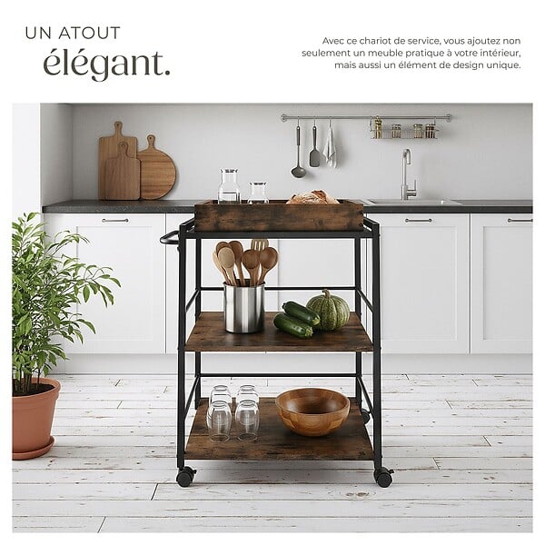 TECTAKE - Chariot de service Worcester 65x41,5x87cm Bois foncé industriel, rustique - large