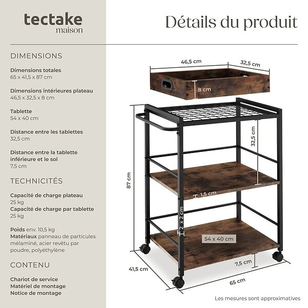 TECTAKE - Chariot de service Worcester 65x41,5x87cm Bois foncé industriel, rustique - large