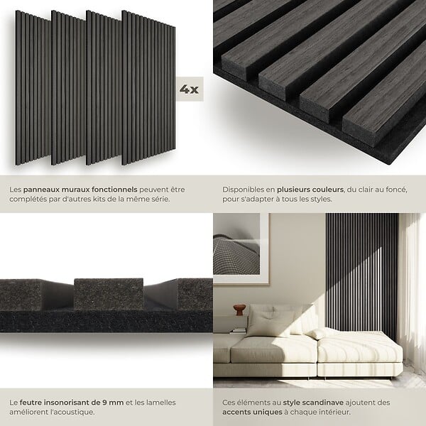 TECTAKE - Panneaux acoustiques SONIC WALL aspect bois chêne noir - large