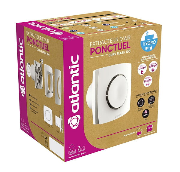 ATLANTIC - Extracteur Ponctuel Manuel Curv Flash 100i - Wc Et Salle De Bain - 90m³/h - 28 Db(a) - Blanc - large