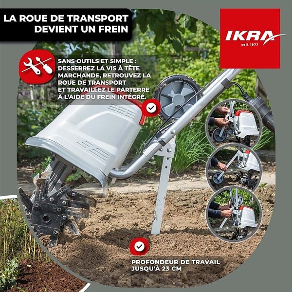 IKRA - Motobineuse électrique 1500W Largeur de travail 17-45cm 6 fraises - Profondeur de travail 23cm - Préparation sol jardin IKRA - large