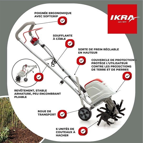 IKRA - Motobineuse électrique 1500W Largeur de travail 17-45cm 6 fraises - Profondeur de travail 23cm - Préparation sol jardin IKRA - large