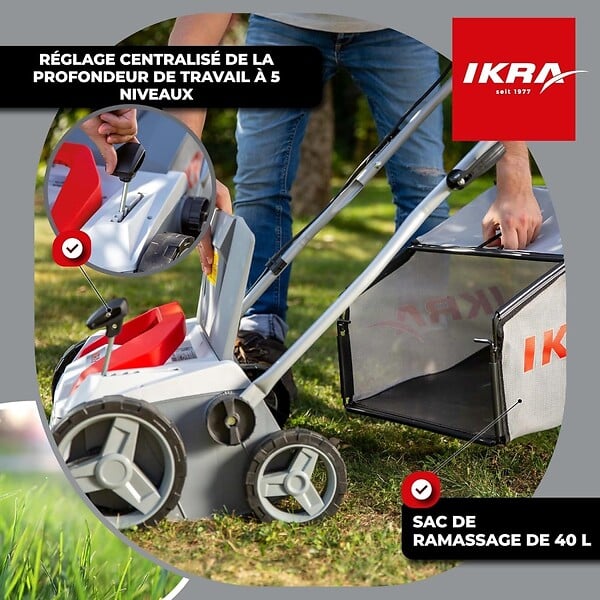 IKRA - Scarificateur Démousseur électrique 1800W Profondeur de travail 23cm Bac à herbe 40L Aérateur de pelouse Entretien gazon IKRA - large
