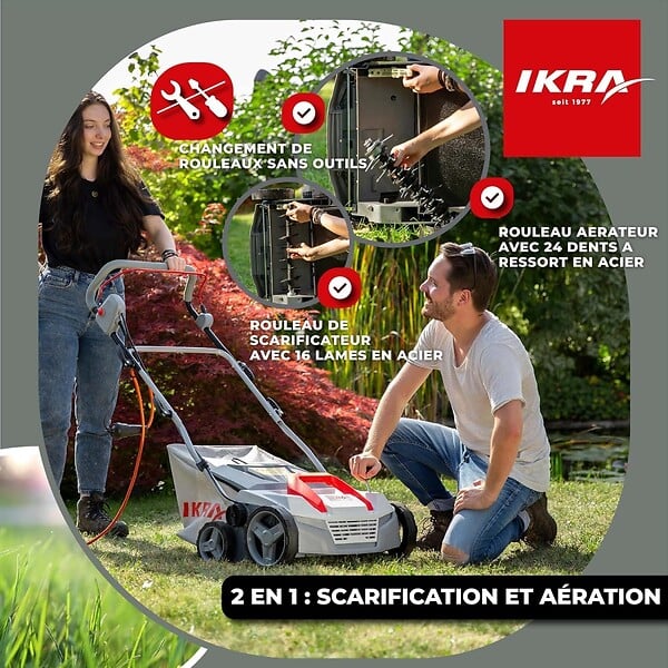 IKRA - Scarificateur Démousseur électrique 1800W Profondeur de travail 23cm Bac à herbe 40L Aérateur de pelouse Entretien gazon IKRA - large