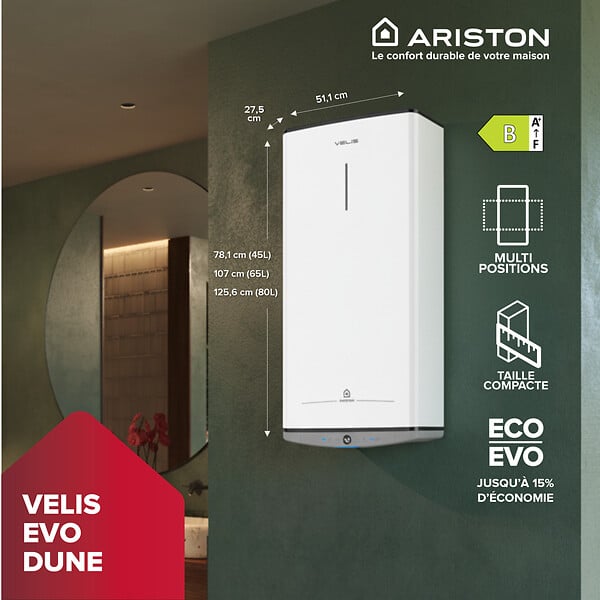 ARISTON - Chauffe-eau électrique Plat 65 l Ariston VELIS DUNE + Kit installation - large