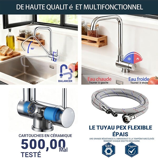 AICA SANITAIRE - Robinet de Cuisine Chromé à Double Fonction Rotatif à 360° et Inclinable en Acier Inoxydable 304 avec Soupape en Céramique - large