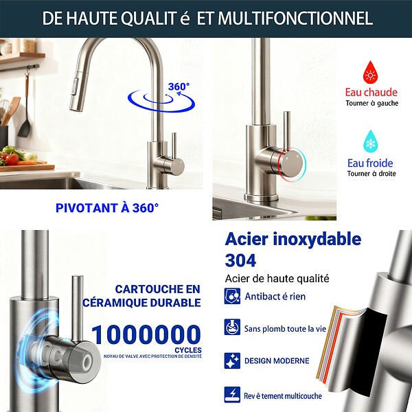 AICA SANITAIRE - Robinet de Cuisine à Douche Colonne 2 Modes Débit Eau Extractible 360° Rotatif Monocommande Finition Brossée - large
