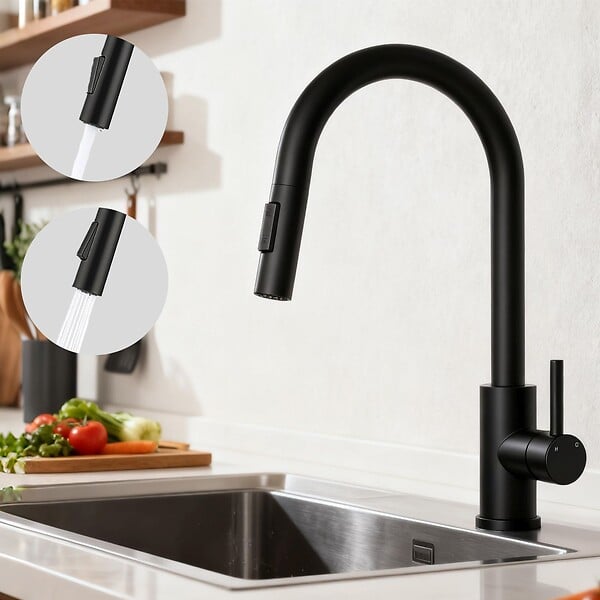 AICA SANITAIRE - Robinet de Cuisine à Douche Colonne 2 Modes Débit Eau Extractible 360° Rotatif Monocommande Finition Noire Mate - large