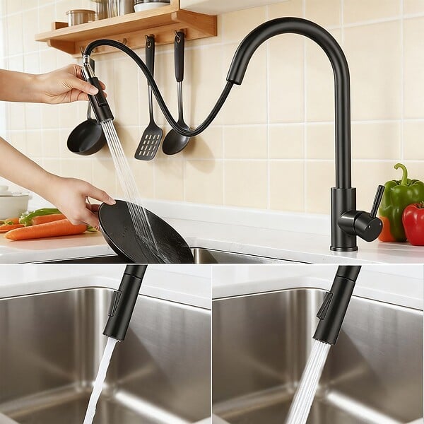 AICA SANITAIRE - Robinet de Cuisine à Douche Colonne 2 Modes Débit Eau Extractible 360° Rotatif Monocommande Finition Noire Mate - large
