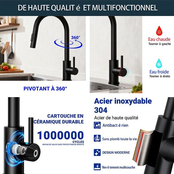 AICA SANITAIRE - Robinet de Cuisine à Douche Colonne 2 Modes Débit Eau Extractible 360° Rotatif Monocommande Finition Noire Mate - large