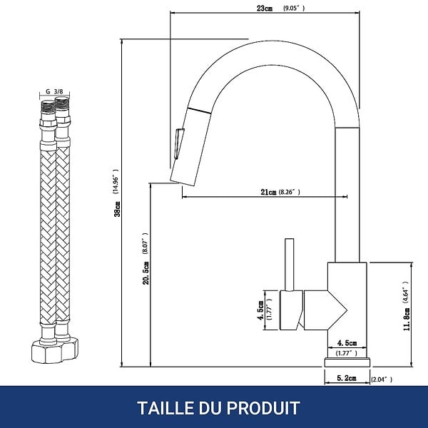 AICA SANITAIRE - Robinet de Cuisine à Douche Colonne 2 Modes Débit Eau Extractible 360° Rotatif Monocommande Finition Noire Mate - large