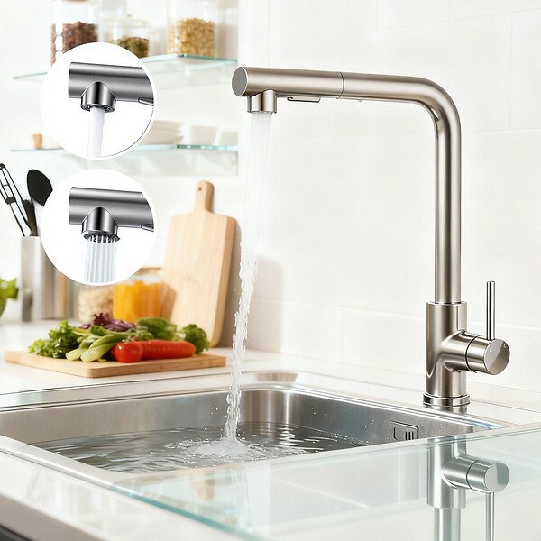 AICA SANITAIRE - Robinet de Cuisine Haute Pression 304 Inox Douche Extractible 360° 2 Fonctions Spray Finition Brossée - large