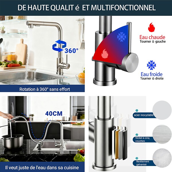 AICA SANITAIRE - Robinet de Cuisine Haute Pression 304 Inox Douche Extractible 360° 2 Fonctions Spray Finition Brossée - large