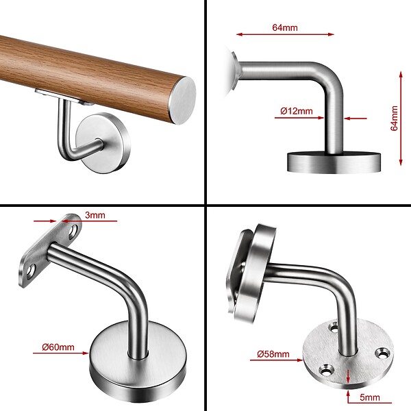 AICA SANITAIRE - Main courante inox 304 pour intérieur et extérieur -couleur marron Design bois naturel- en 100cm- Fixation murale incluse - large