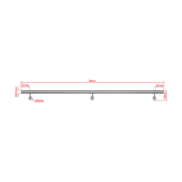 AICA SANITAIRE - Main courante inox 304 pour intérieur et extérieur - couleur argent- en 200cm-Fixation murale incluse - large