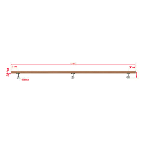 AICA SANITAIRE - Main courante inox 304 pour intérieur et extérieur -couleur marron Design bois naturel- en 220cm-Fixation murale incluse - large